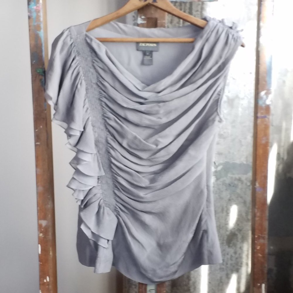 ZAC POSEN Silk Crepe Gray Grecian Draped Ruffled Asymmetrical Top, Size 8